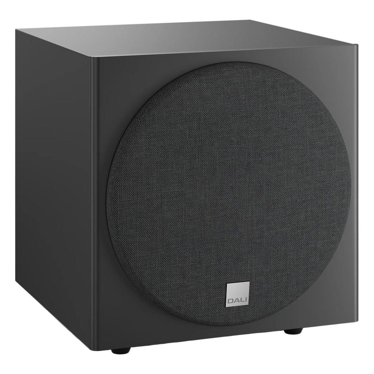 DALI Sub E-9 F subwoofer with sleek black enclosure and front-firing driver for deep bass in home audio systems.