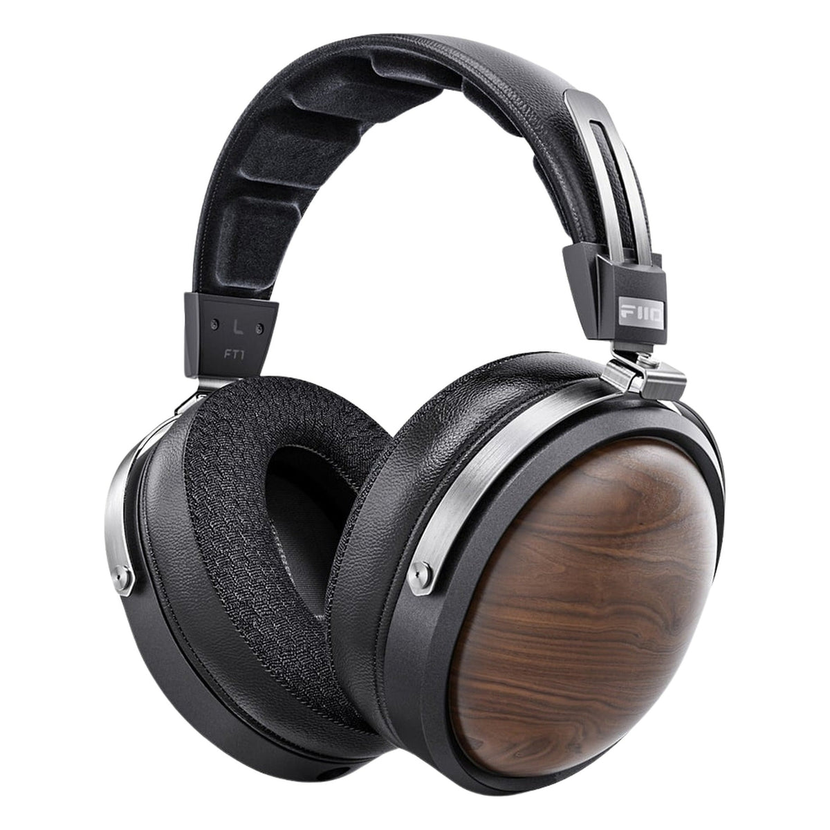 FiiO FT1 closed-back over-ear headphones with walnut wood cups, in black