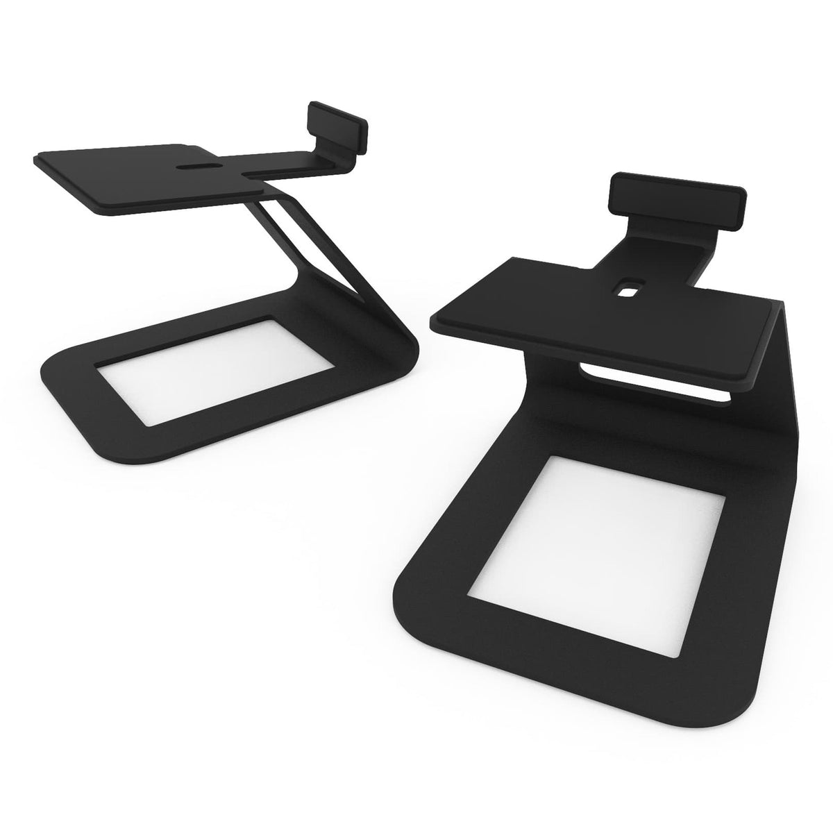 Kanto Audio SE6 speaker stands shown in black, designed to elevate and stabilize audio speakers for optimal sound quality.