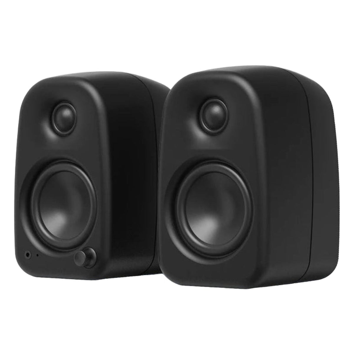 Kanto Audio UKI desktop speakers with 100W power, Bluetooth connectivity, black active bookshelf speakers on a desk.