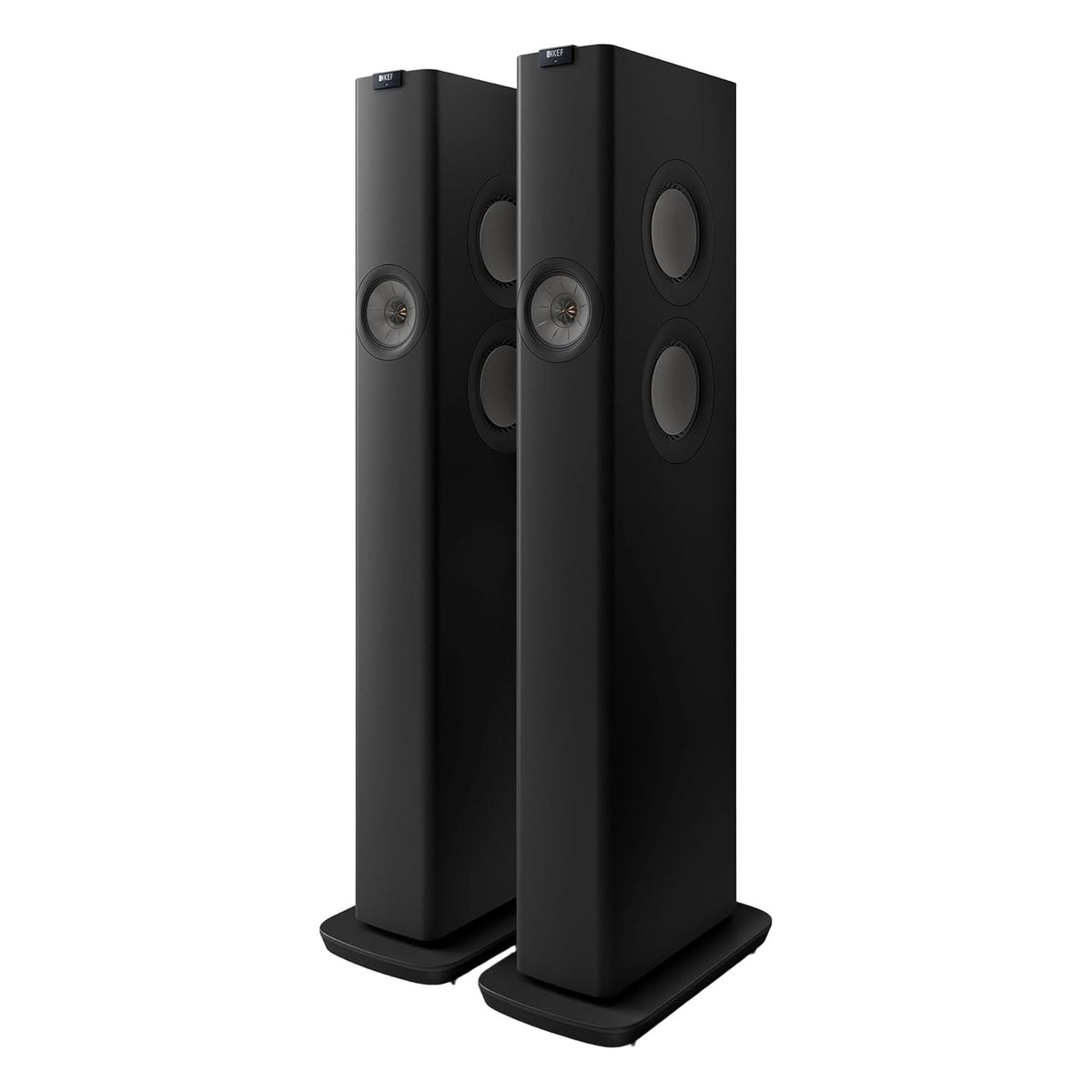 Pair of KEF LS60 Wireless floorstanding speakers showcasing sleek black design and modern audio technology.
