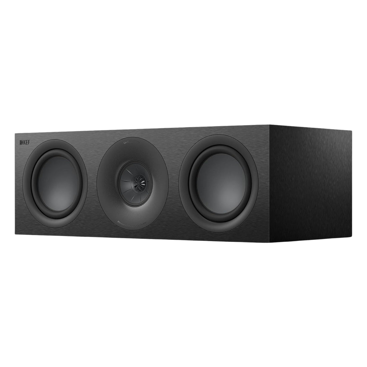 KEF Q6 Meta center speaker showing a sleek black speaker with a minimalist design and KEF branding on the front grille.