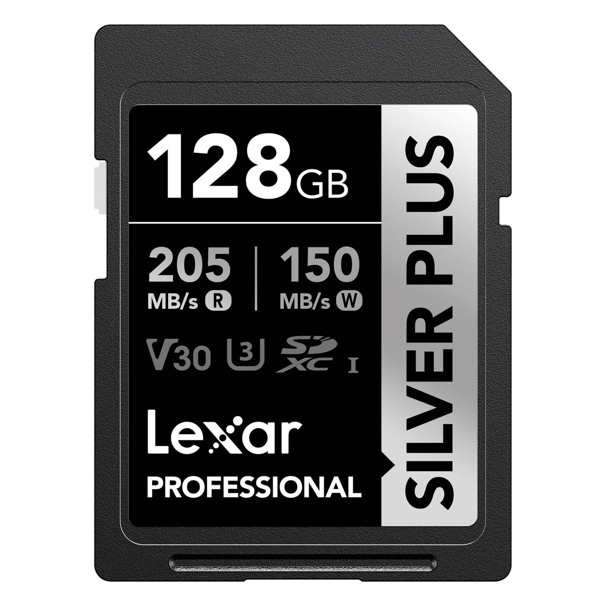 Lexar SDXC Silver Plus 1066X UHS-I U3 memory card with V30 speed class, silver design, and capacity details visible.