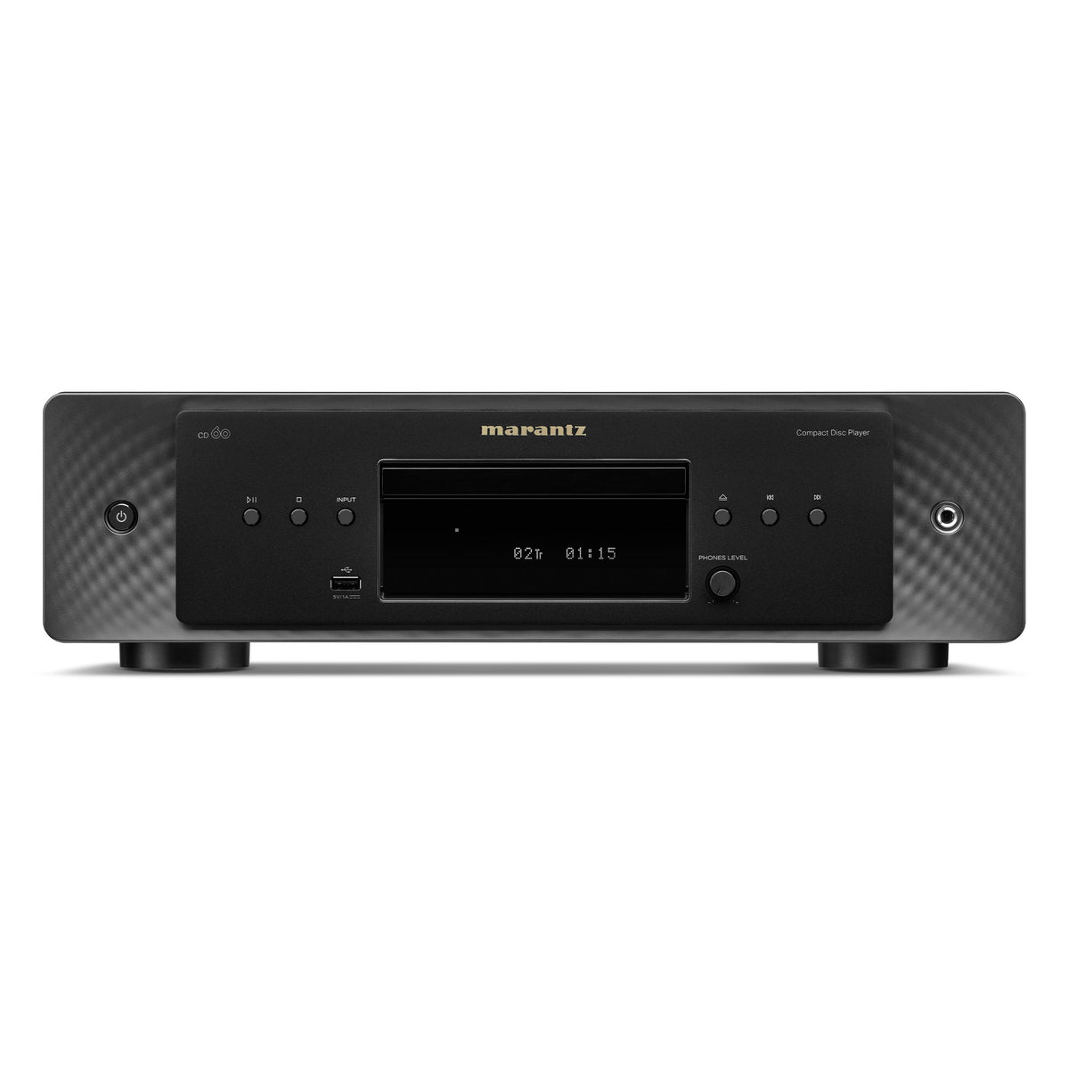 Marantz CD 60 CD player with silver finish and digital display, showcasing front panel controls and disc tray.