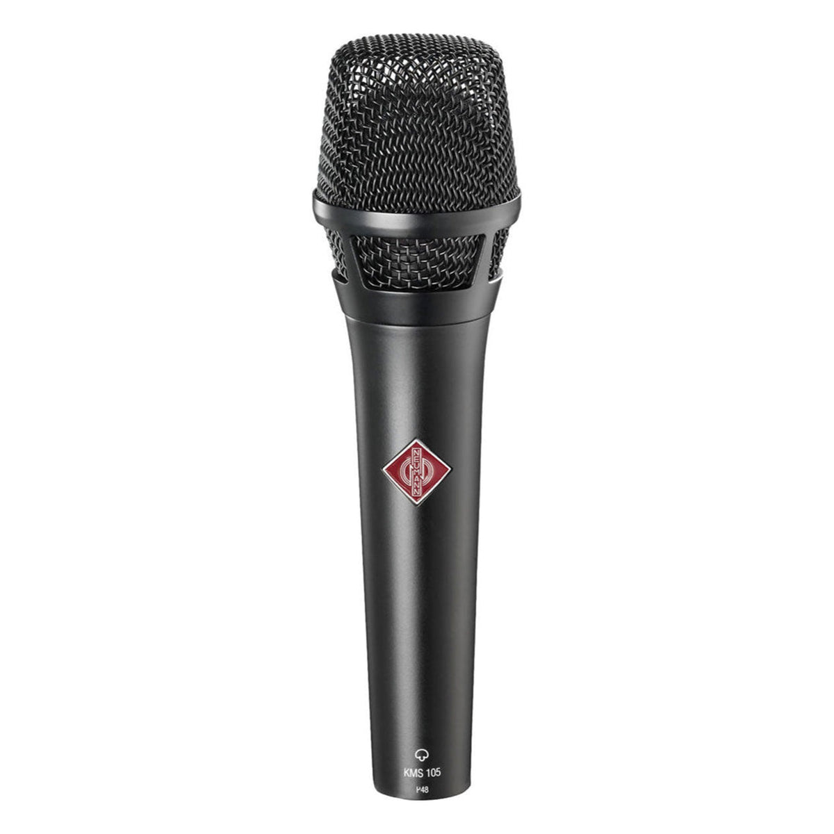 Black Neumann KMS 105 condenser microphone with a sleek design, ideal for professional vocal and instrument recording.