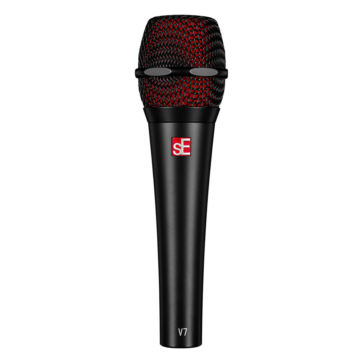 Black sE Electronics V7 dynamic microphone with a sleek design, shown from the front view on a product display.