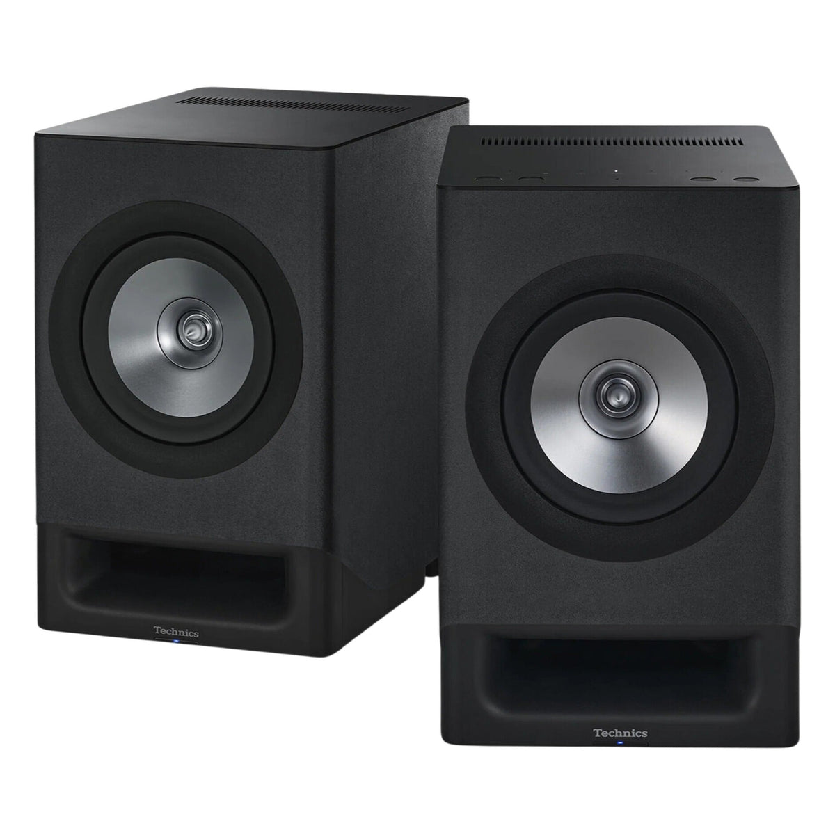 Technics SC-CX700 active bookshelf speakers with sleek black finish and modern design, showcasing their compact, stylish audio setup.