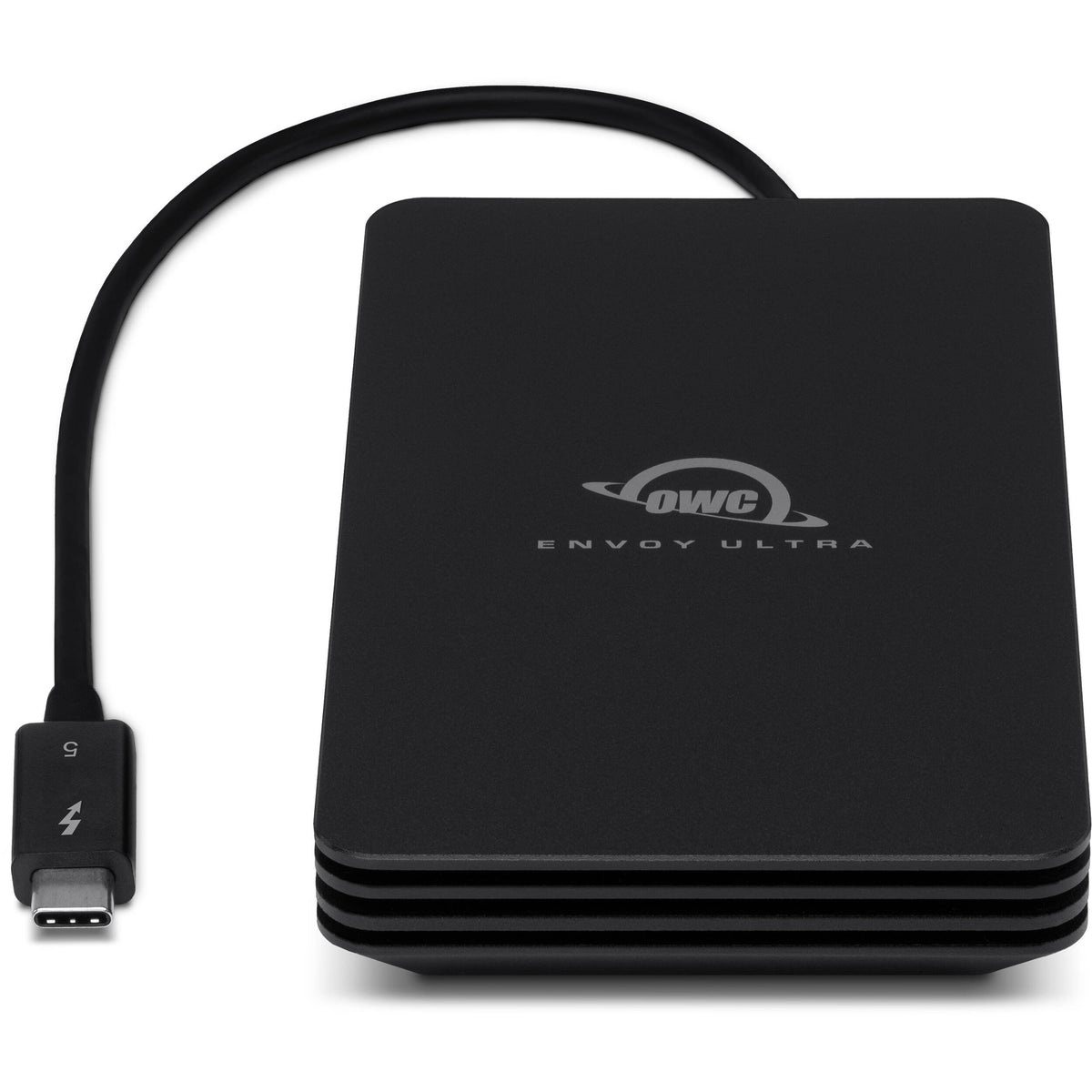 OWC Envoy Ultra SSD external drive with sleek black enclosure and USB-C connection, designed for fast data transfer and portable storage.