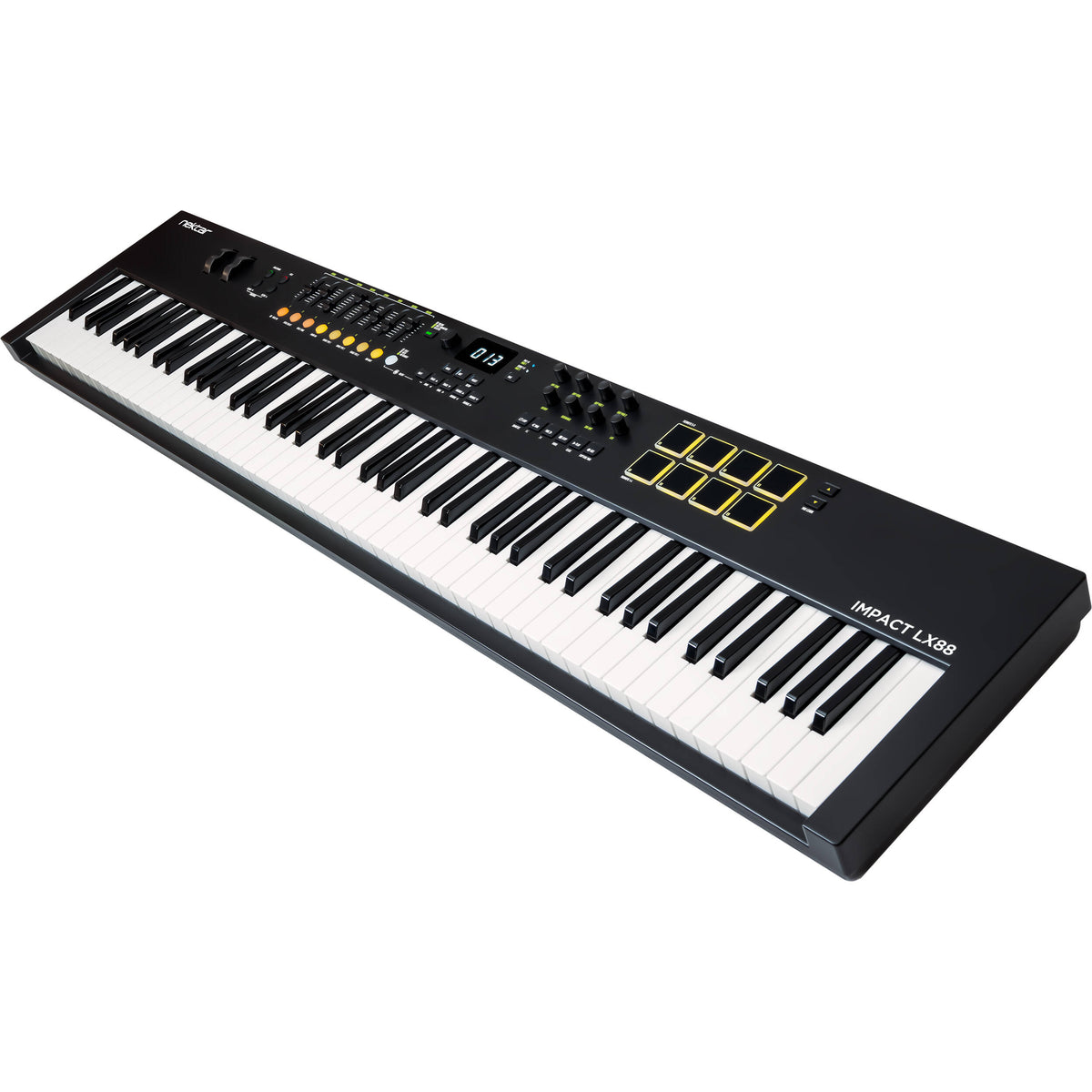 Nektar Impact LX88 MK3 MIDI keyboard with 88 keys, control knobs, and pitch/mod wheels for music production.