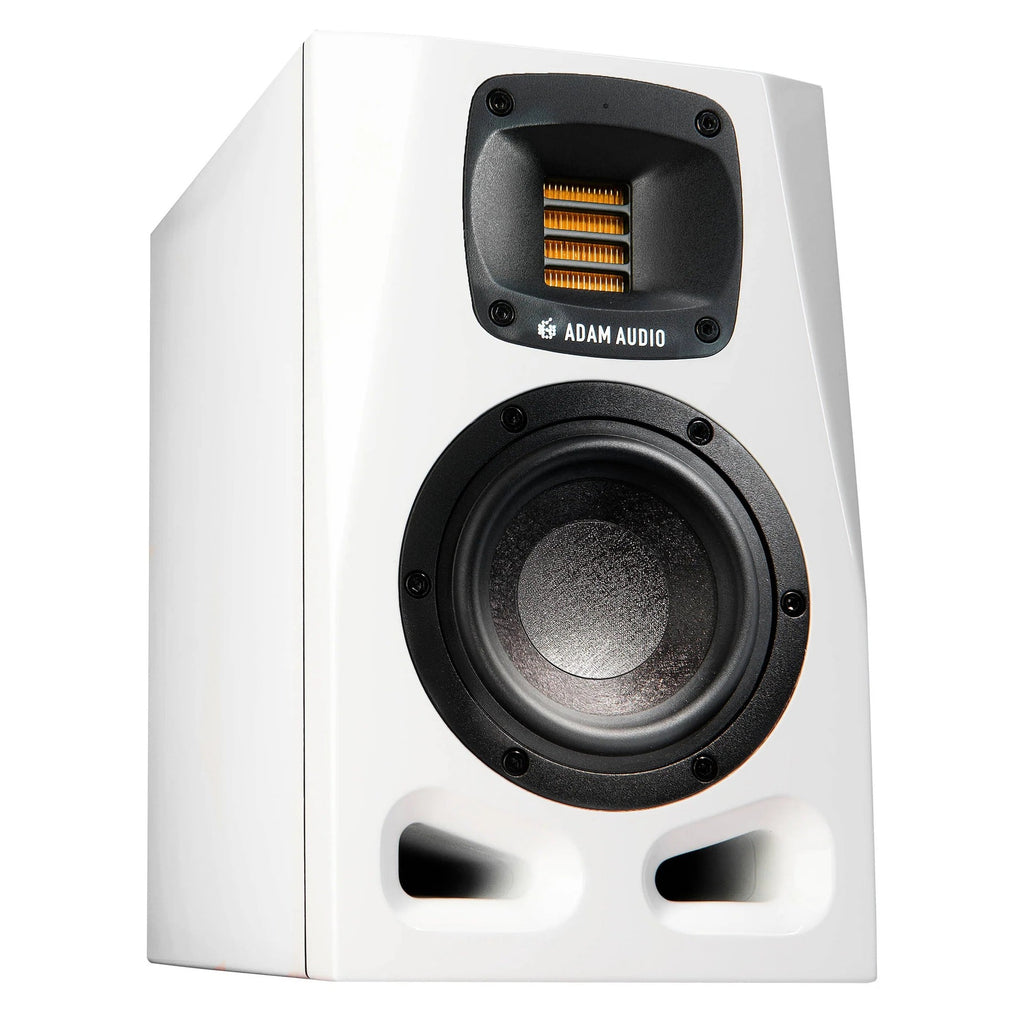 Adam Audio A4V active nearfield monitors shown with sleek black finish and compact design for studio audio monitoring.