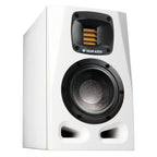 Adam Audio A4V active nearfield monitors shown with sleek black finish and compact design for studio audio monitoring.