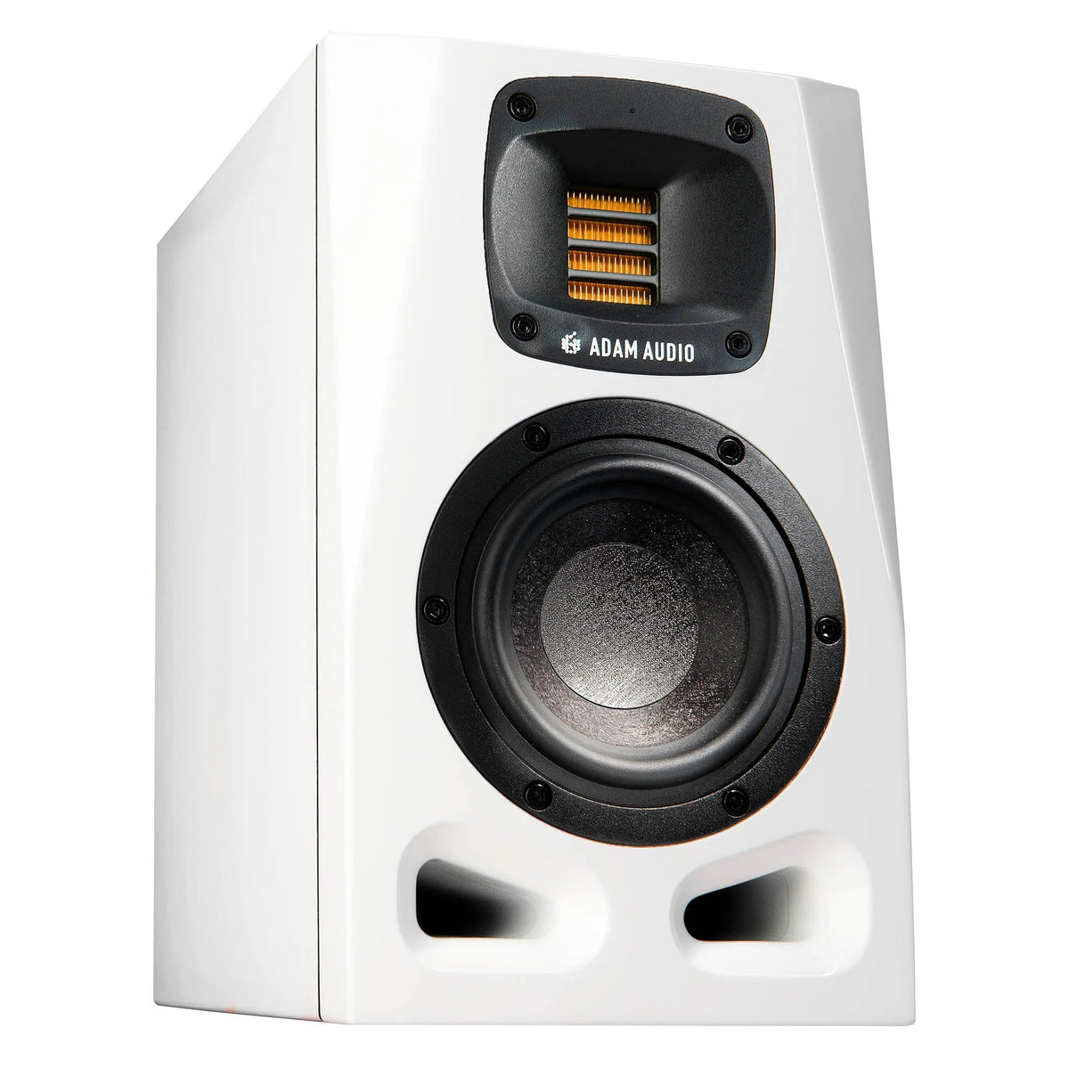 Adam Audio A4V active nearfield monitors shown with sleek black finish and compact design for studio audio monitoring.