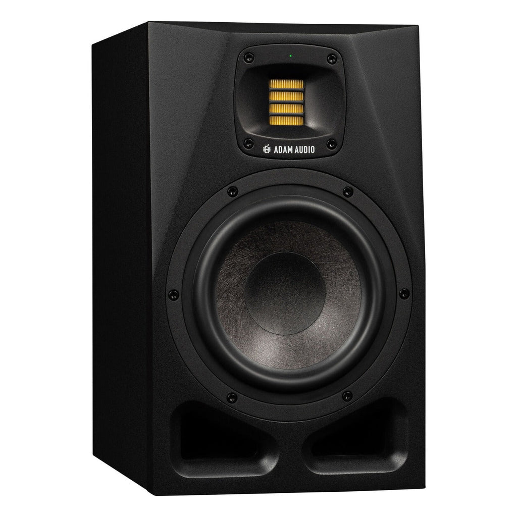 Adam Audio A7V active nearfield monitors shown with sleek black enclosures and detailed speaker drivers.