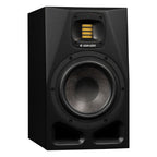 Adam Audio A7V active nearfield monitors shown with sleek black enclosures and detailed speaker drivers.
