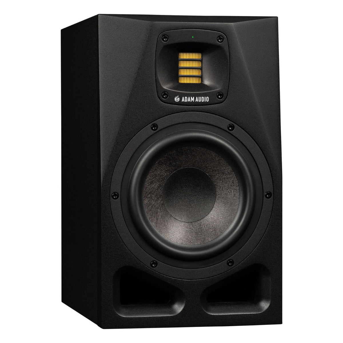 Adam Audio A7V active nearfield monitors shown with sleek black enclosures and detailed speaker drivers.