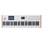 Arturia KeyLab 61 MK3 MIDI keyboard in white finish, angled view with control knobs and transport buttons