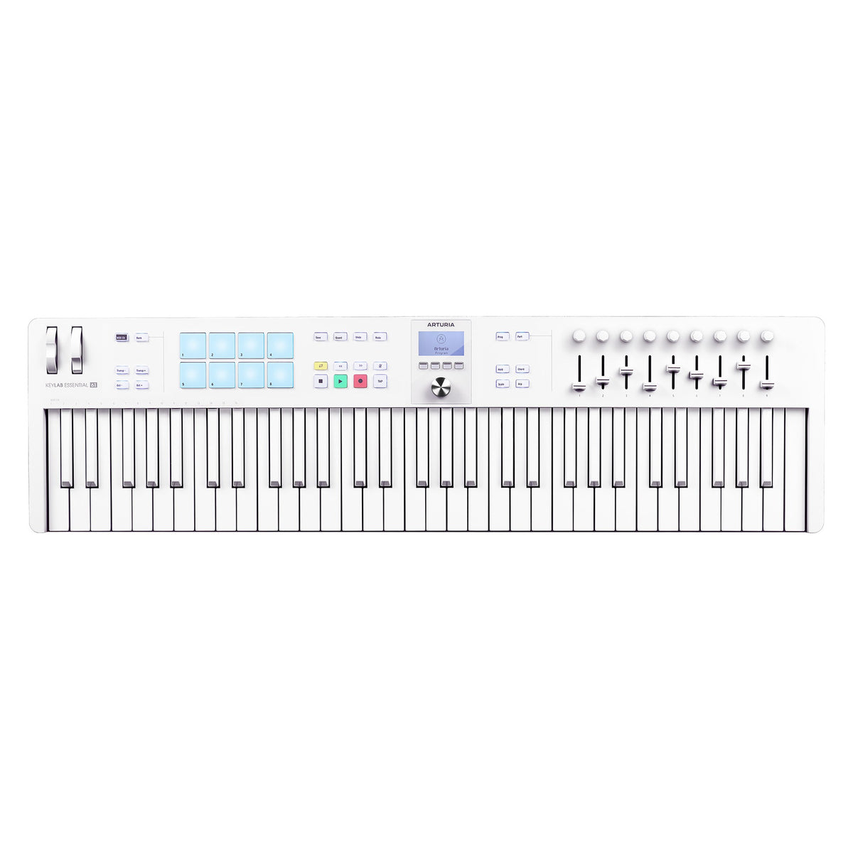 Arturia KeyLab Essential 61 MK3 MIDI keyboard in alpine white with control knobs and keys, ideal for music production.