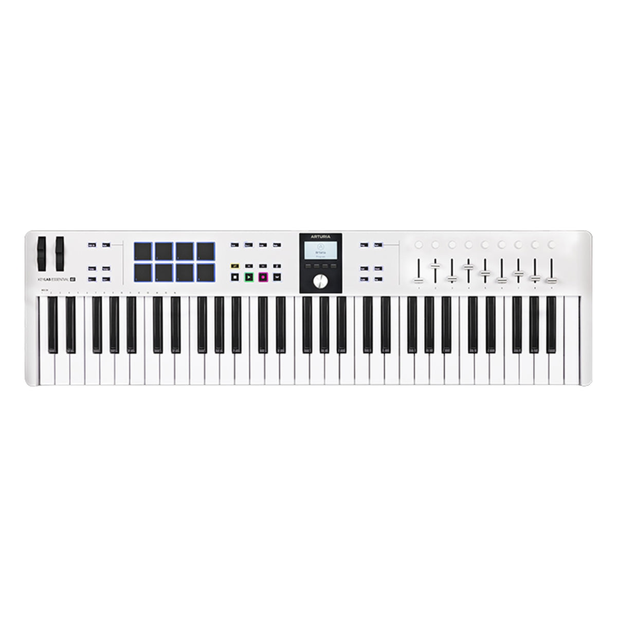 Arturia KeyLab Essential 61 MK3 MIDI keyboard with 61 keys, control knobs, and USB connectivity for music production.