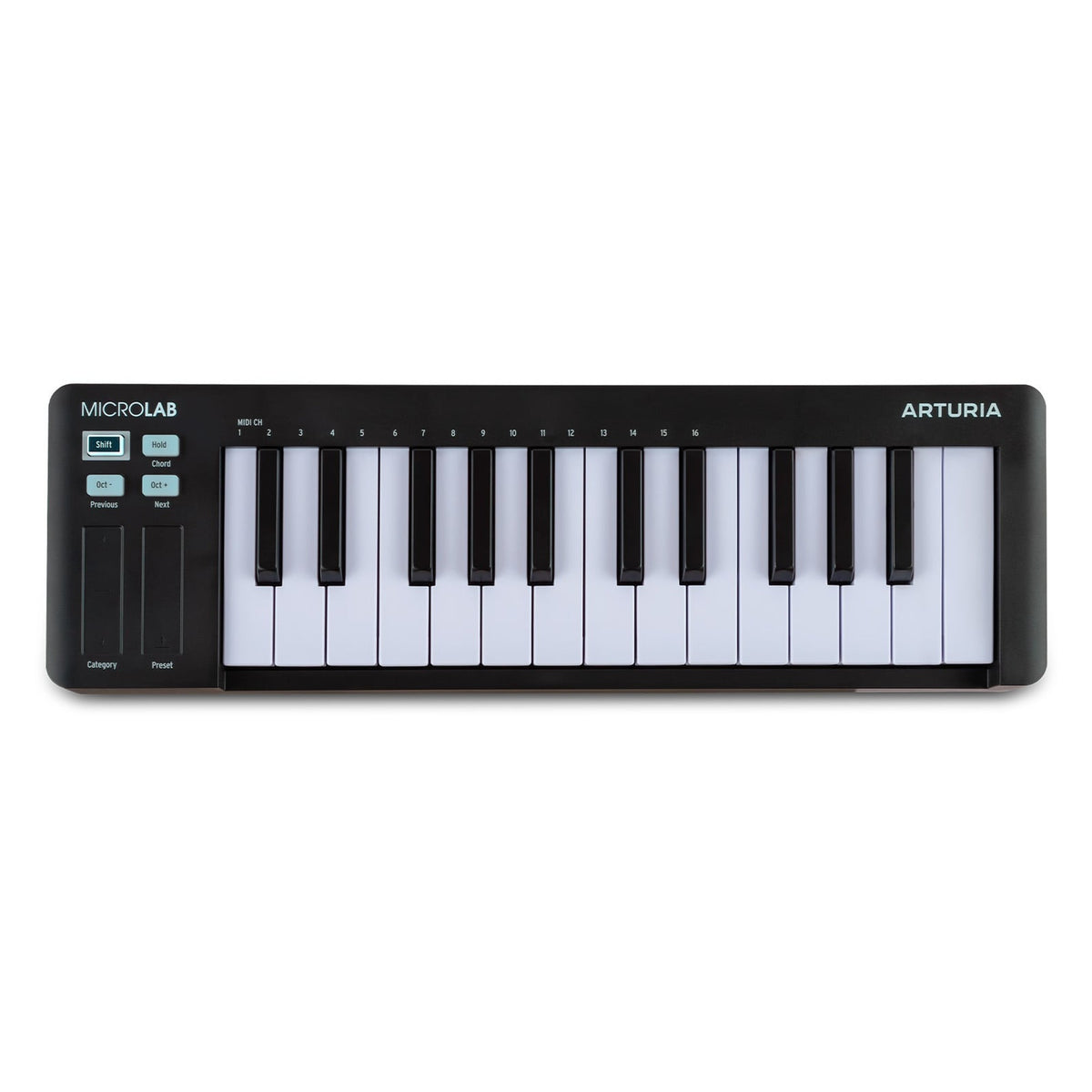 Arturia MicroLab MK3 MIDI keyboard controller, black, angled view