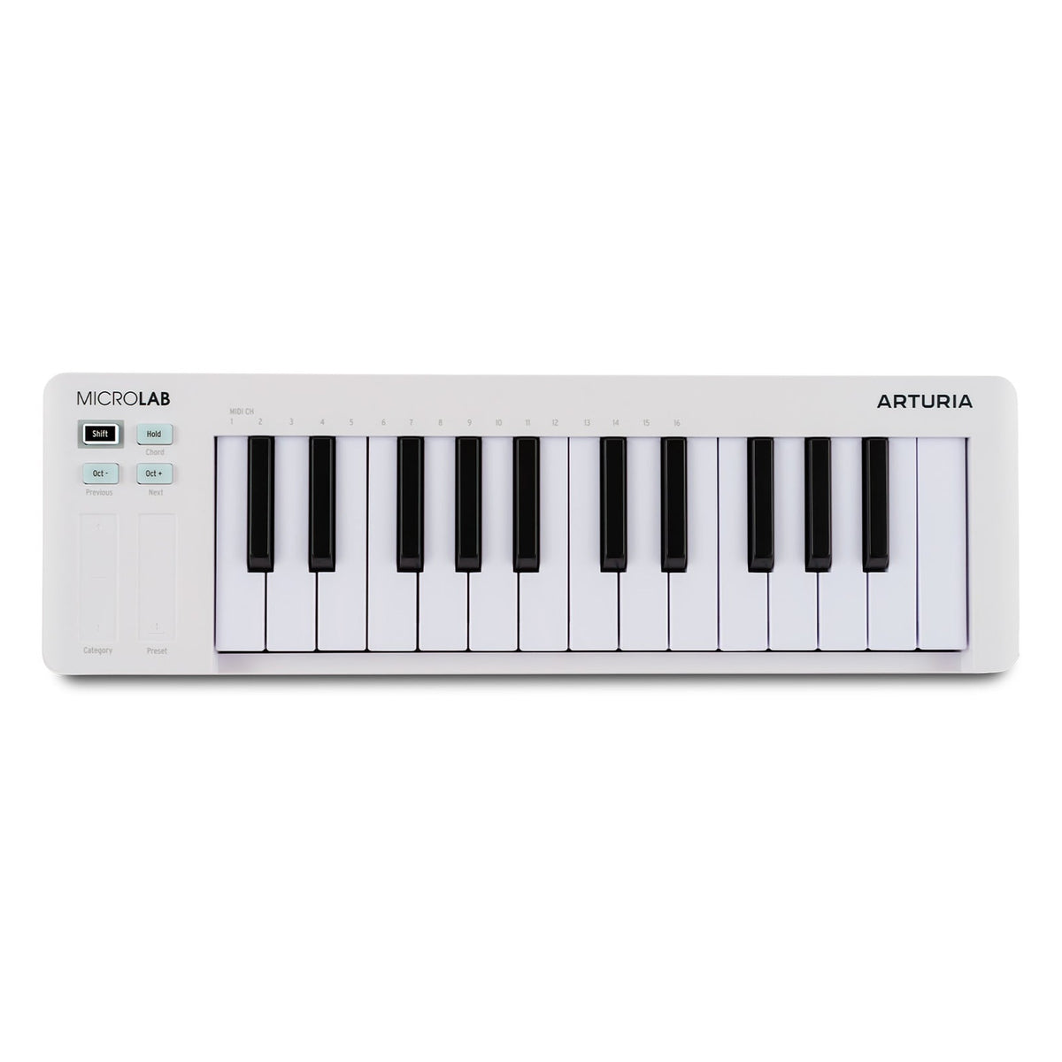 Arturia MicroLab MK3 MIDI keyboard controller, white, angled view