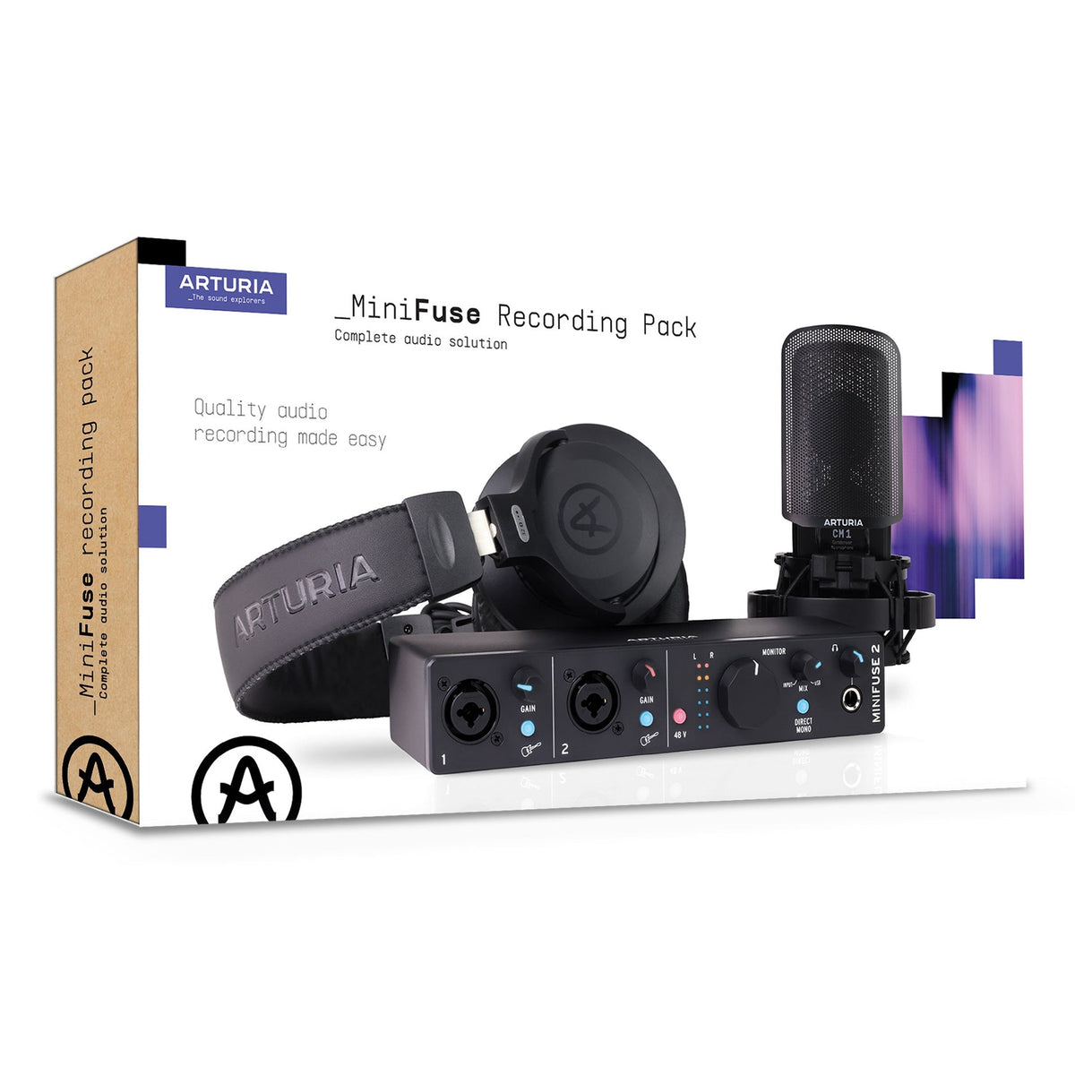 Arturia MiniFuse Recording Pack studio bundle with audio interface, cables, and accessories for music production and recording.