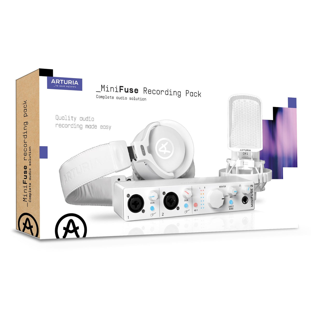Arturia MiniFuse Recording Pack studio bundle with audio interface, headphones, and accessories for music production.