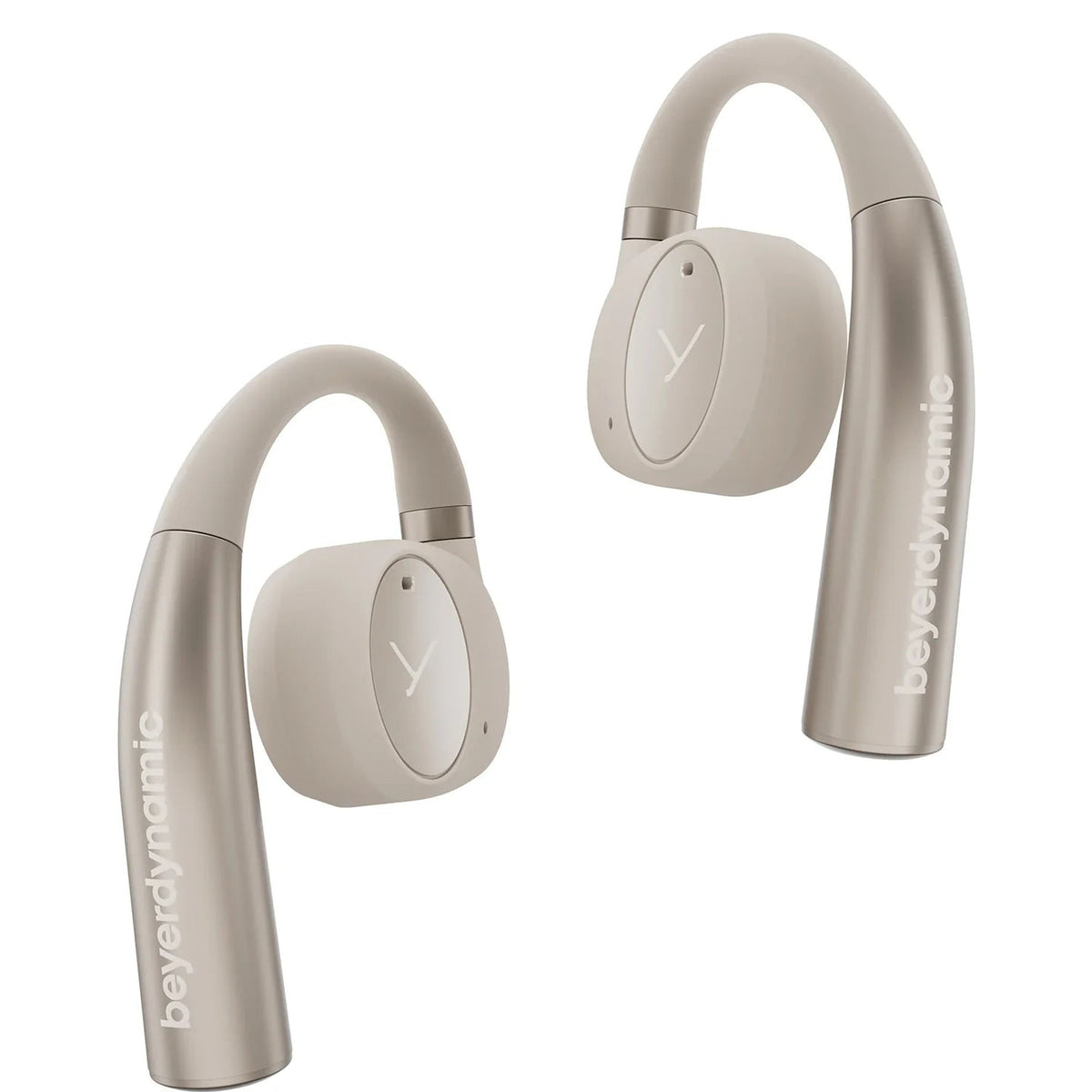 Beyerdynamic Verio 200 wireless in-ear headphones in cream color with sleek design and in-ear earbuds.