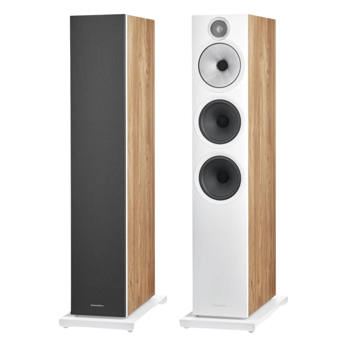 Bowers & Wilkins 603 S3 passive floorstanding speakers with black speaker grilles and wooden cabinet finish.