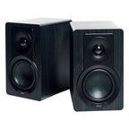 DALI Kupid passive bookshelf speakers shown with sleek black cabinets and compact design for high-quality audio performance.