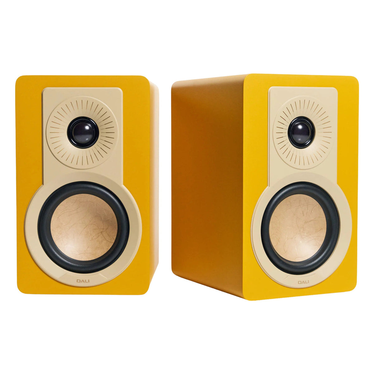 DALI Kupid passive bookshelf speakers with black finish and sleek design, showing the front speaker grille and wood grain sides.