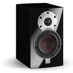 DALI Menuet passive bookshelf speakers shown from the front, featuring a sleek black design and compact size for home audio.