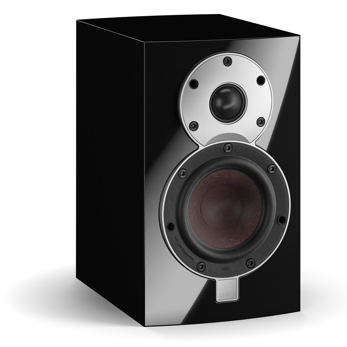 DALI Menuet passive bookshelf speakers shown from the front, featuring a sleek black design and compact size for home audio.