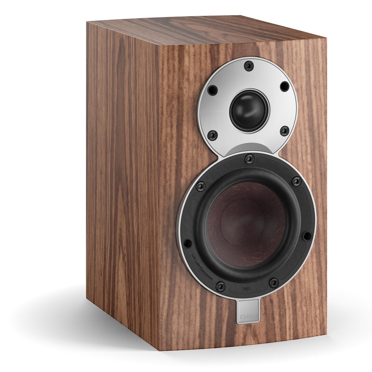 DALI Menuet walnut passive bookshelf speakers with wood finish, compact design, and front-facing drivers for high-quality sound.