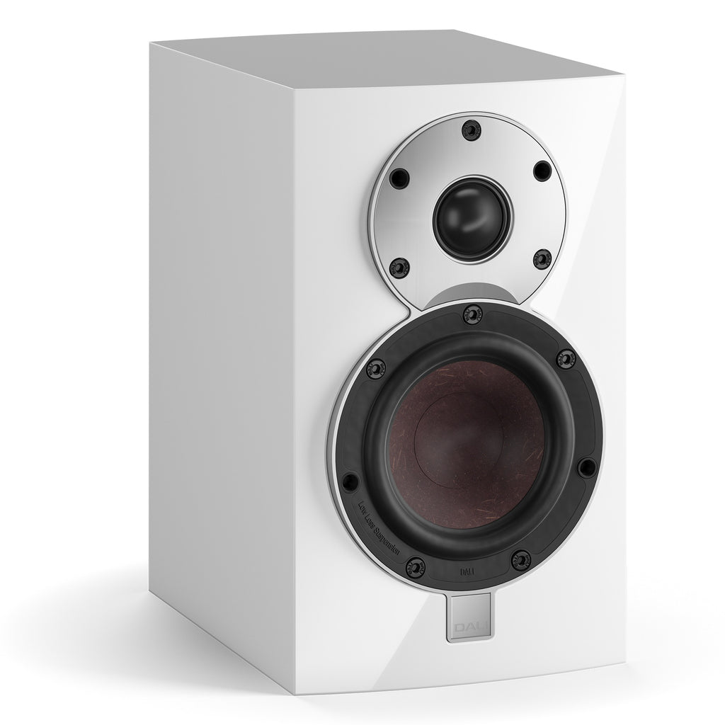 DALI Menuet passive bookshelf speakers with black woodgrain finish, compact design, and high-quality audio performance.