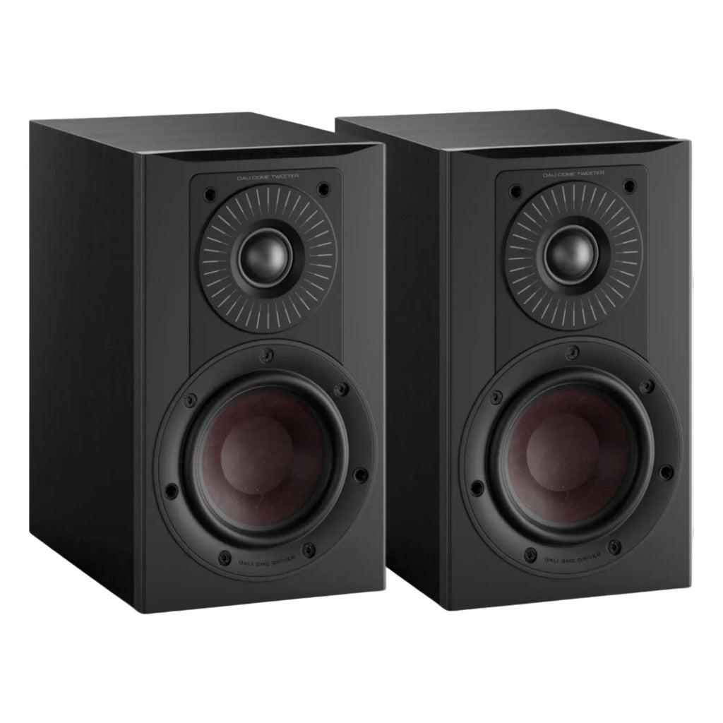 Pair of DALI Opticon 1 MK2 passive bookshelf speakers in black, showcasing their sleek design and compact size.