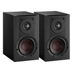 Pair of DALI Opticon 1 MK2 passive bookshelf speakers in black, showcasing their sleek design and compact size.