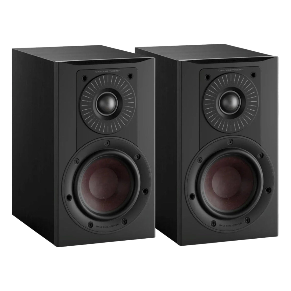 Pair of DALI Opticon 1 MK2 passive bookshelf speakers in black, showcasing their sleek design and compact size.