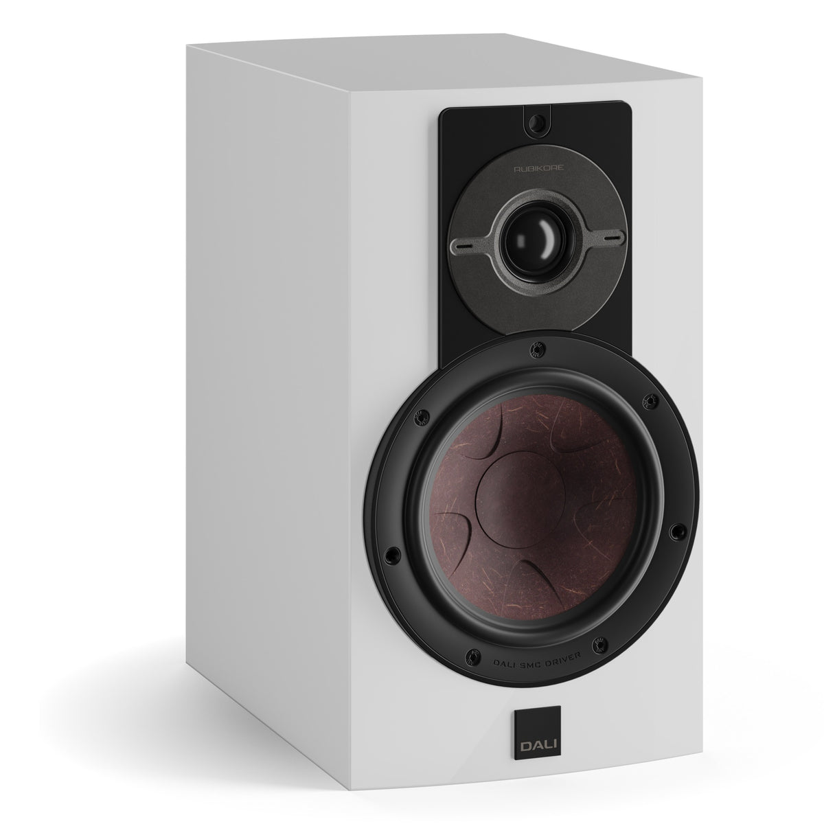 DALI Rubikore 2 passive bookshelf speakers with black finish, front grille, and compact design for home audio setup.
