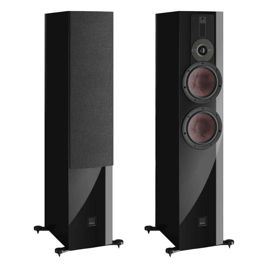 Pair of DALI Rubikore 6 black passive floorstanding speakers with sleek design and modern speaker grille.