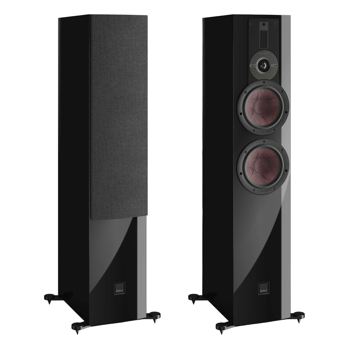Pair of DALI Rubikore 6 black passive floorstanding speakers with sleek design and modern speaker grille.