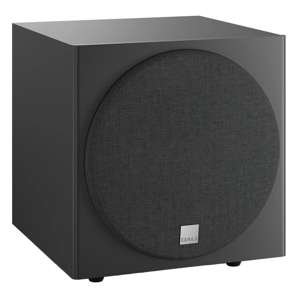 DALI Sub E-9 F subwoofer with sleek black enclosure and front-firing driver for deep bass in home audio systems.