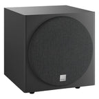 DALI Sub E-9 F subwoofer with sleek black enclosure and front-firing driver for deep bass in home audio systems.