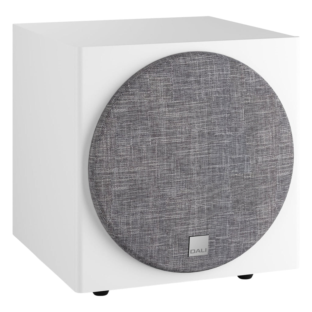 DALI Dali Sub E-9 F subwoofer showing black enclosure and driver cone for deep bass sound reproduction