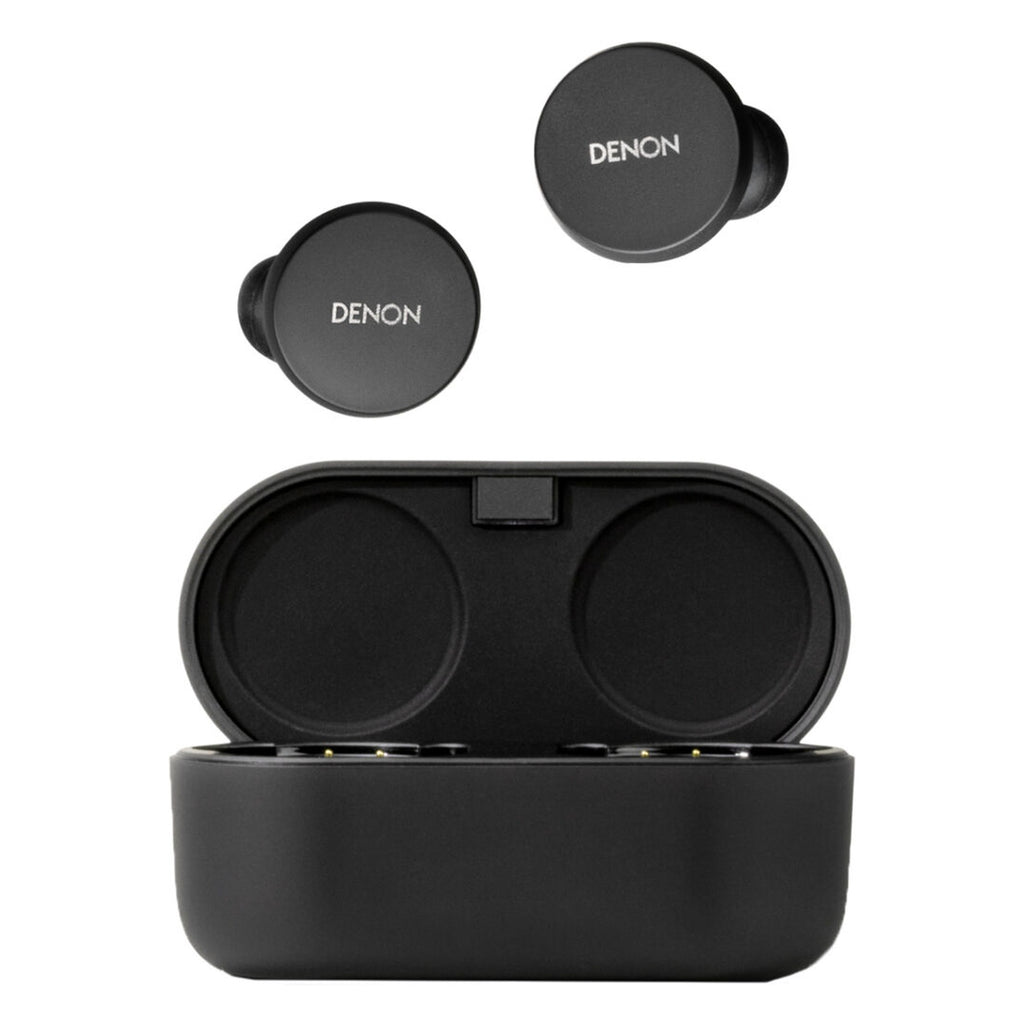 Denon PerL wireless in-ear headphones, black charging case open with earbuds