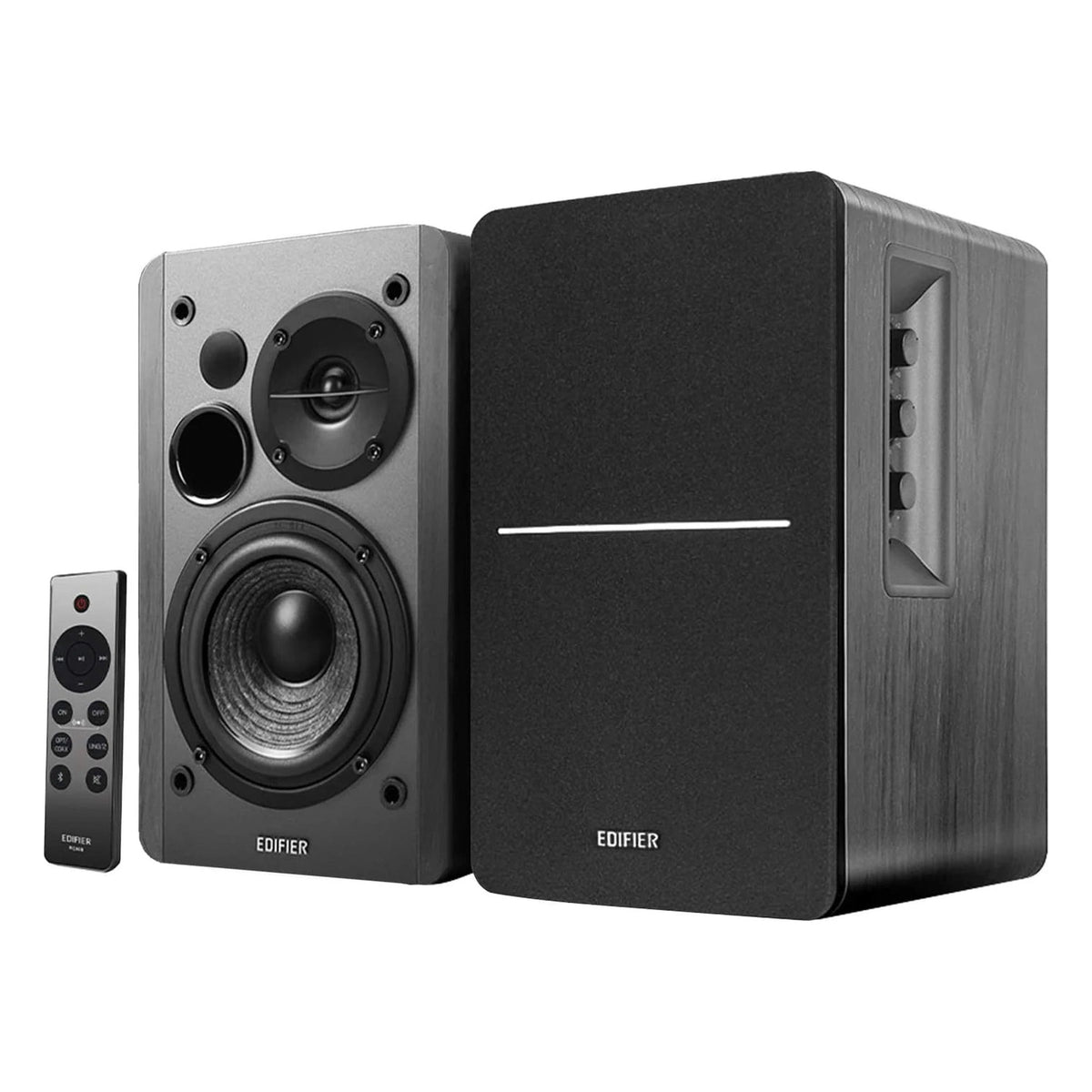 Edifier R1280DBS desktop speakers with wooden cabinets and control knobs, designed for high-quality audio on a computer desk.