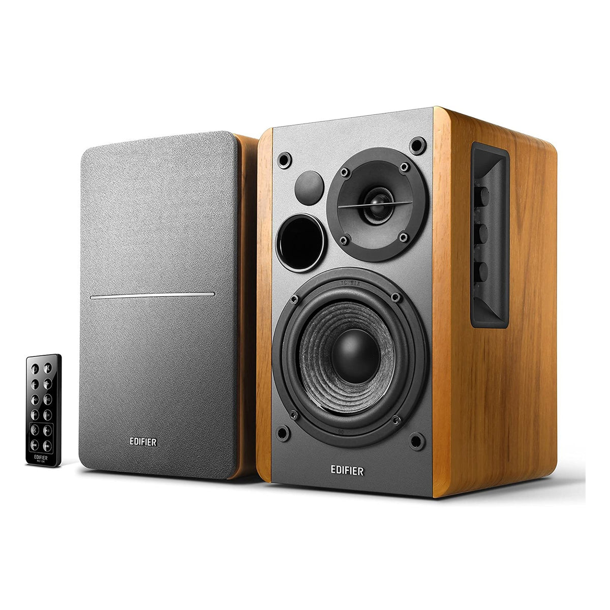 Edifier R1280DBS desktop speakers with wood finish and control knobs, designed for high-quality audio and home entertainment.