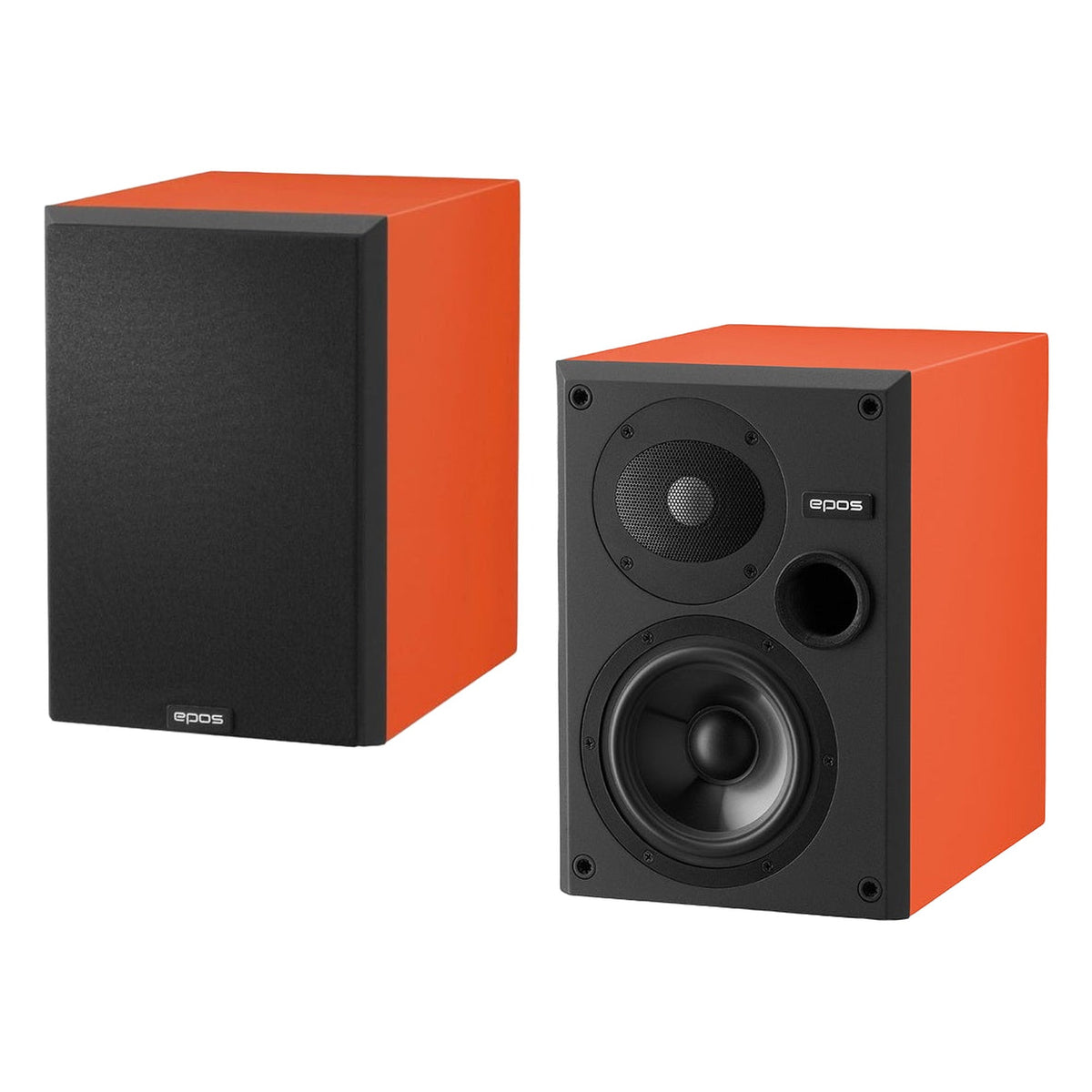 Epos ES-7N passive bookshelf speakers with orange matte finish and modern design, shown from a front angle.
