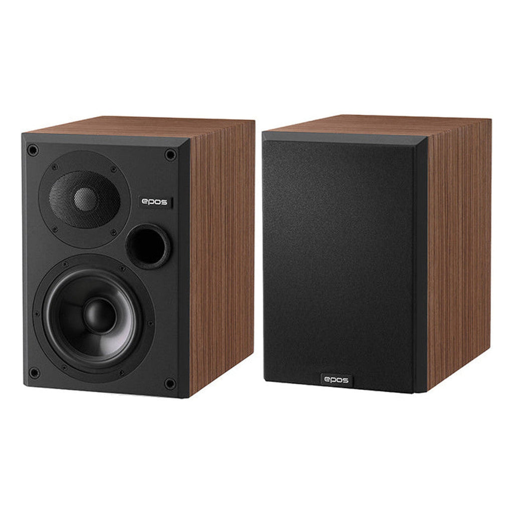 Epos ES-7N passive bookshelf speakers with sleek black cabinets and detailed driver components.