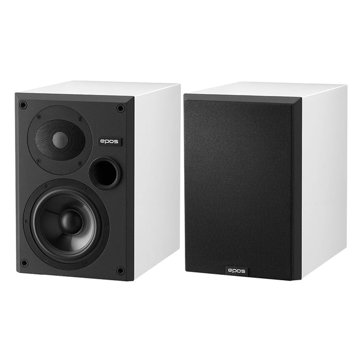 Epos ES-7N passive bookshelf speakers shown in a home audio setup with black finish and compact design