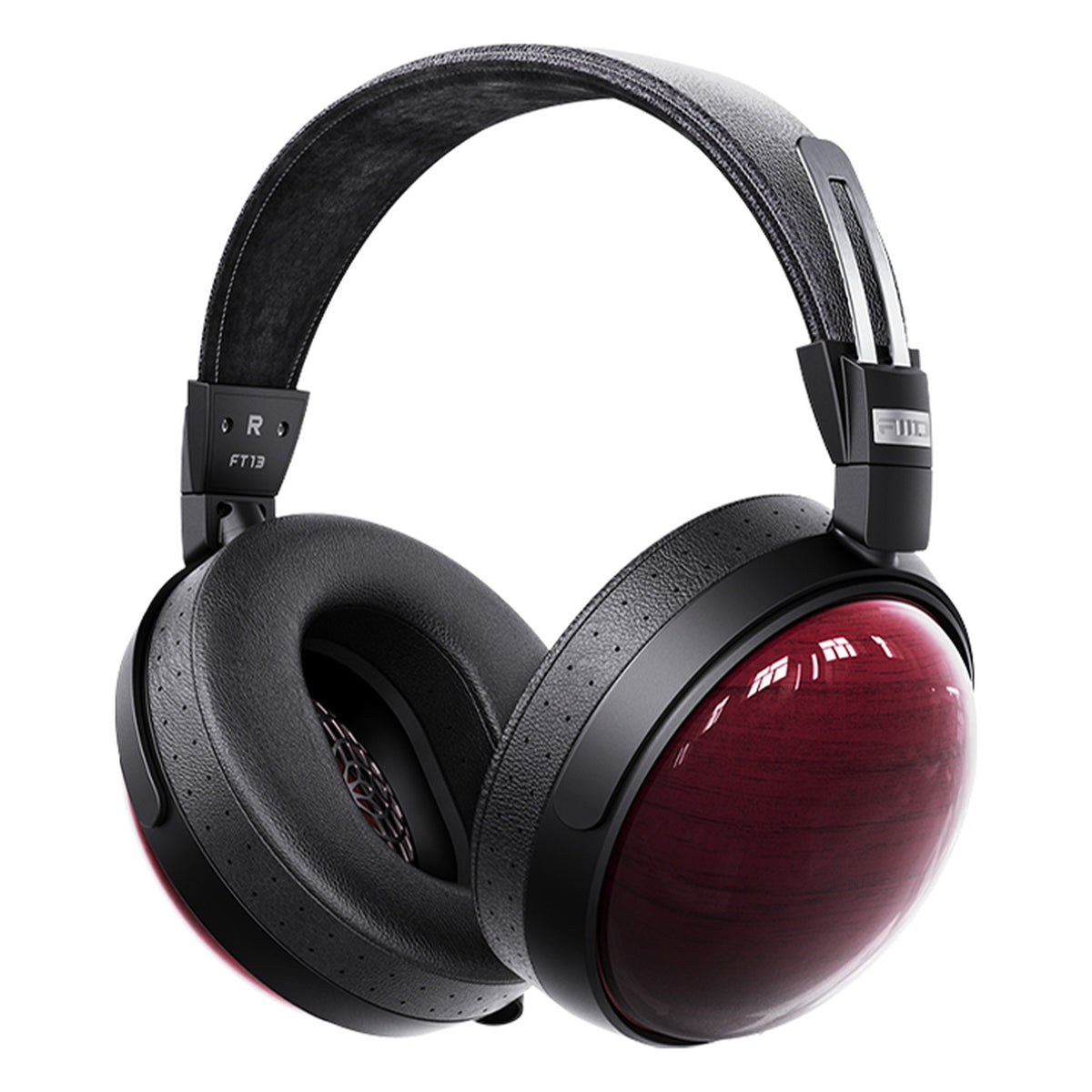 FiiO FT13 closed-back headphones with natural purpleheart wooden earcups, white background product shot.